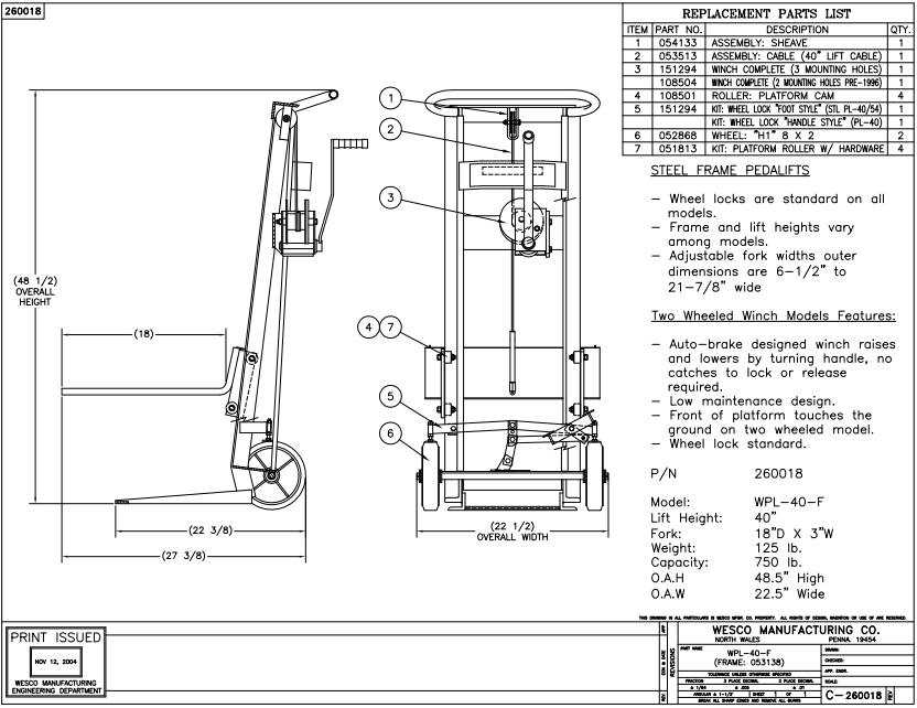 Two Wheel Hand Winch Fork Lift Truck