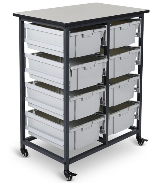 Double Row Mobile Bin Storage Cart with Large Gray Bins