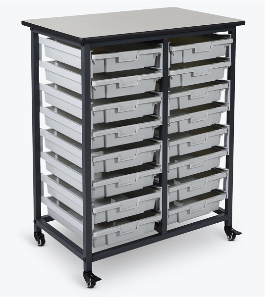 Double Row Mobile Bin Storage Cart with Small Gray Bins
