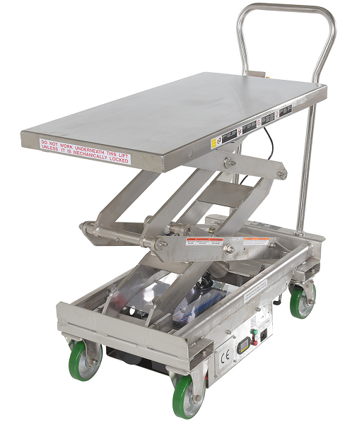 Electric Powered Double Stainless Steel Scissor Lift Cart - 1000lb Capacity