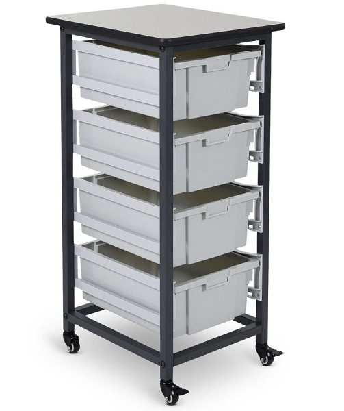 Single Row Mobile Bin Storage Cart with Large Gray Bins