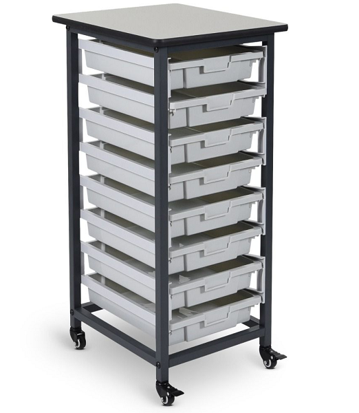 Single Row Mobile Bin Storage Cart with Small Gray Bins